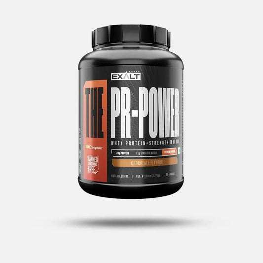 Exalt Pr-Power protein powder container on a white background