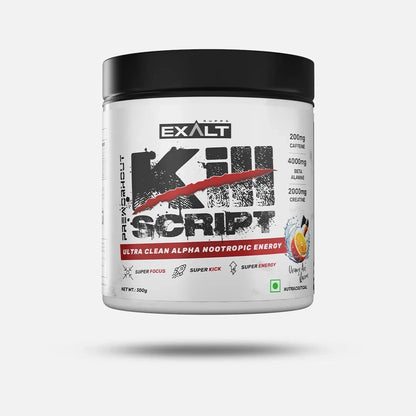 Exalt Kill Script supplement container on a white background-oranmge flavour