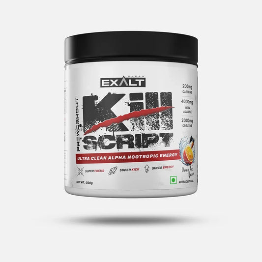 Exalt Kill Script supplement container on a white background-oranmge flavour