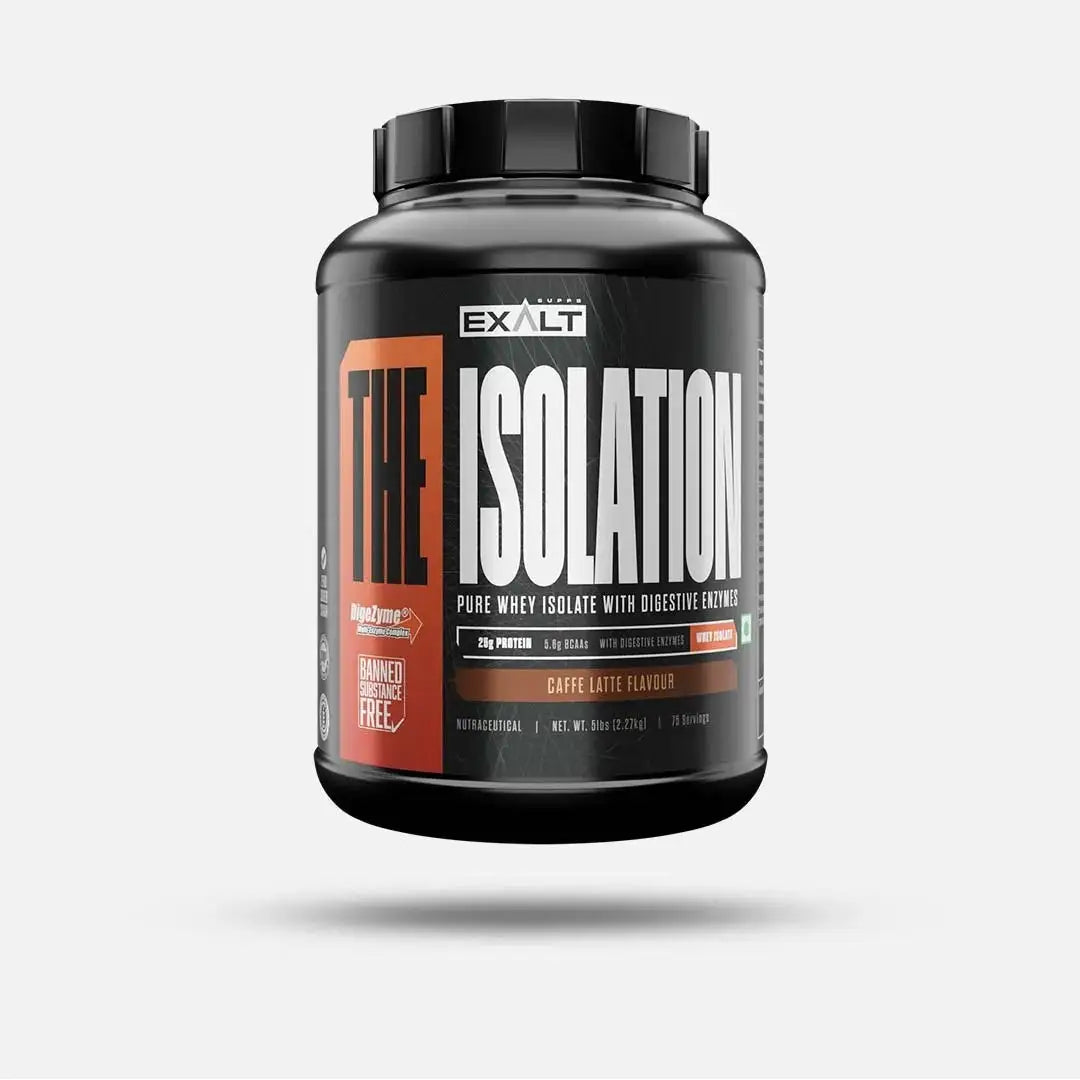 Exalt The Isolation protein powder container on a white background