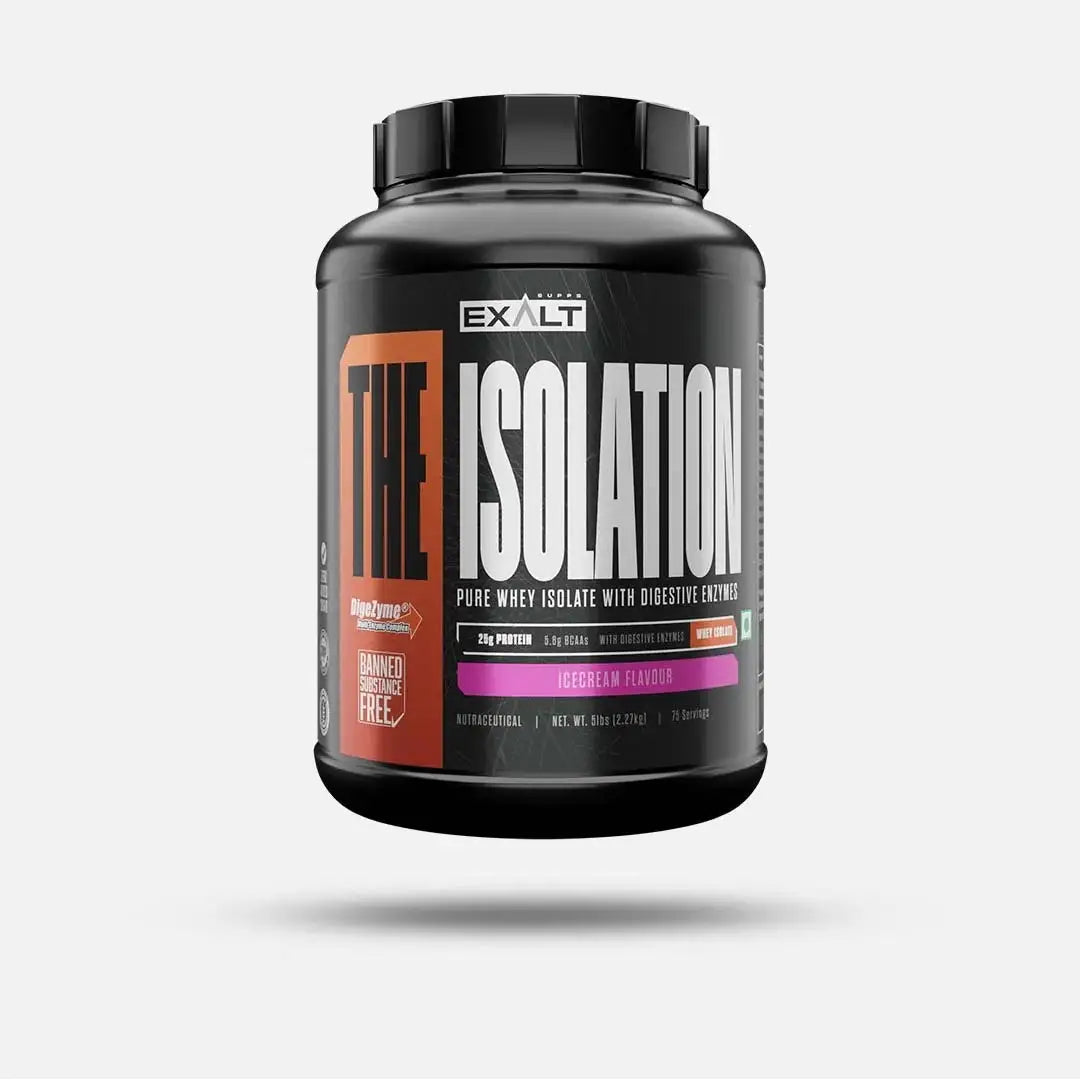 Exalt The Isolation protein powder container on a white background