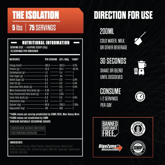 Nutritional information and usage directions for a protein product on a black background