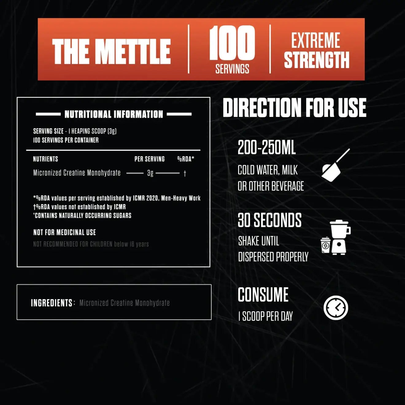 Product label for 'The Mettle' supplement with nutritional information, usage directions, and ingredients on a black background.