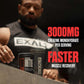 Person holding EXALT products with promotional text about creatine monohydrate and muscle recovery.