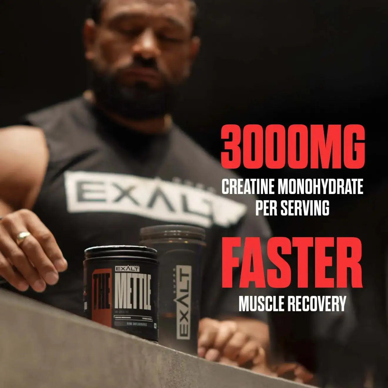 Person holding EXALT products with promotional text about creatine monohydrate and muscle recovery.