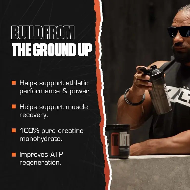 Person holding a supplement container with text about athletic performance and recovery benefits.