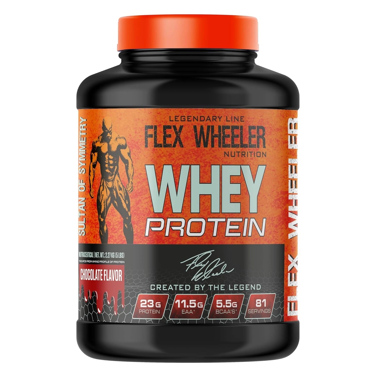 Flex Wheeler Nutrition whey protein supplement bottle on a white background