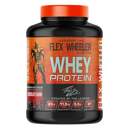 Flex Wheeler Nutrition whey protein supplement bottle on a white background