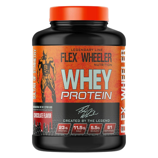 Flex Wheeler Nutrition whey protein supplement bottle on a white background
