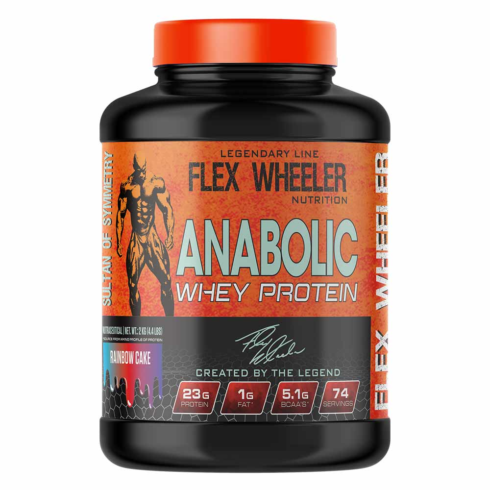 flex wheeler anabolic whey protein, front view , rainbow cake flavour, black and orange colour tub,23 gram protein in each serving
