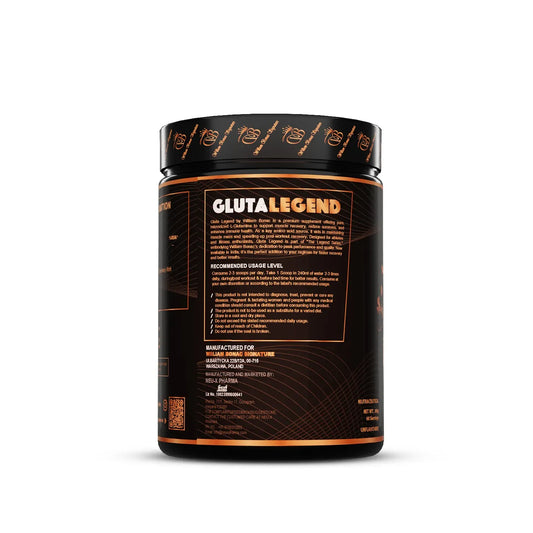 Black supplement container labeled 'GLUTALEGEND' on a white background
