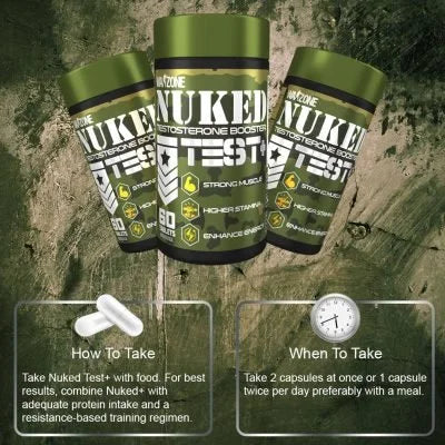 Three bottles of Nuke Test+ supplement on a textured green background with instructions on how to take and when to take the supplement.