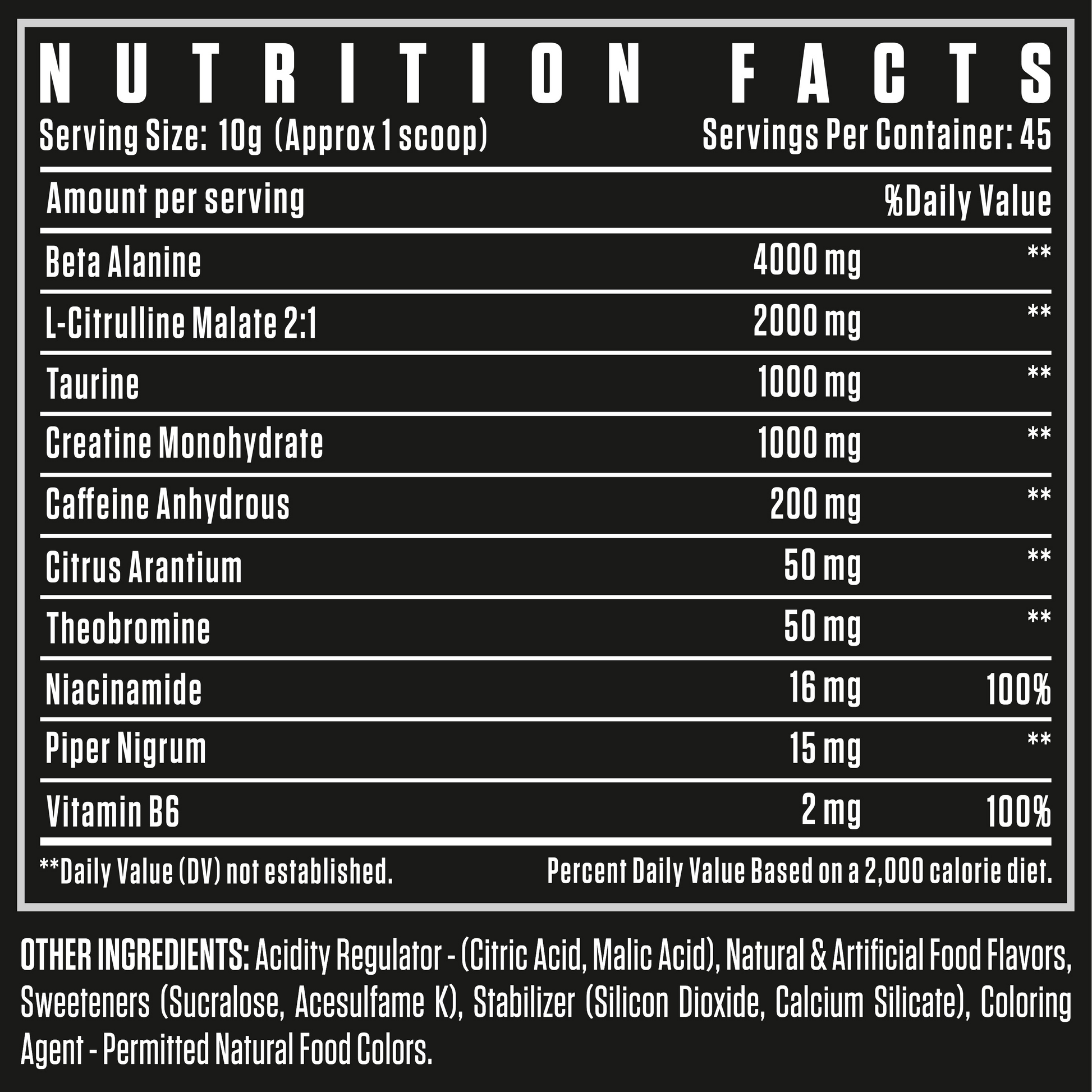 TURBO HP pre-workout supplement with taurine, creatine monohydrate, citrus aurantium, theobromine, and vitamin B6 in each 10g scoop, nutrition facts