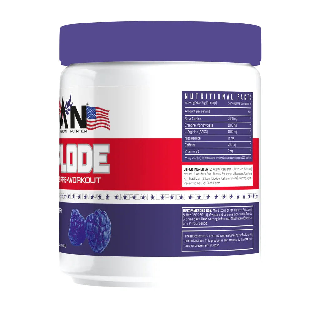 Supplement container labeled 'explode Pre-Workout' with a blue lid on a white background