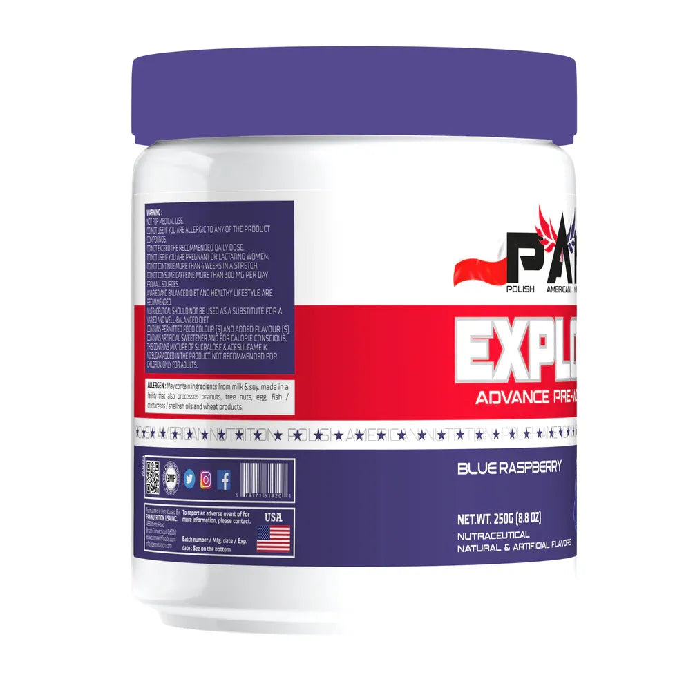 Pan nutrition preworkout Supplement container with blue and red label on a white background