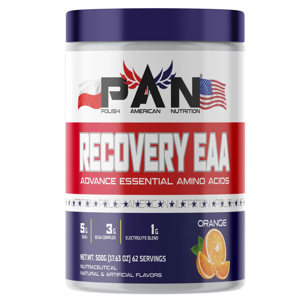 Container of PAN Polish American Nutrition Recovery EAA supplement with orange flavor on a white background
