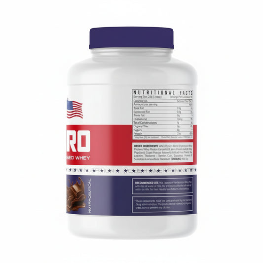 Pro Whey protein supplement container with nutritional facts and ingredients in white background