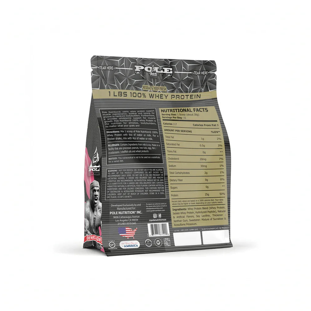 Pole Nutrition whey protein package with nutritional facts on a white background