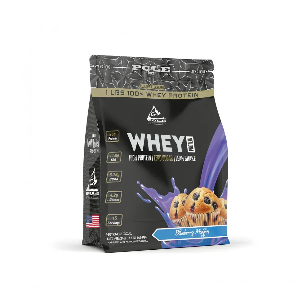 Whey protein package with blueberry muffin flavor on a white background