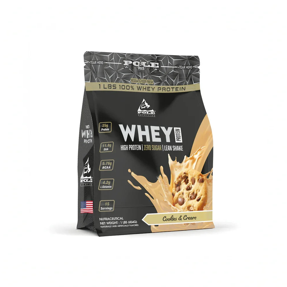 Protein powder package with 'Whey' text on a white background