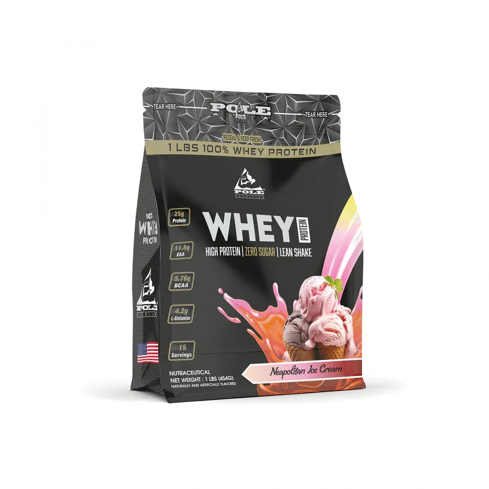 Whey protein package with neapolitan ice cream flavor illustration on a white background