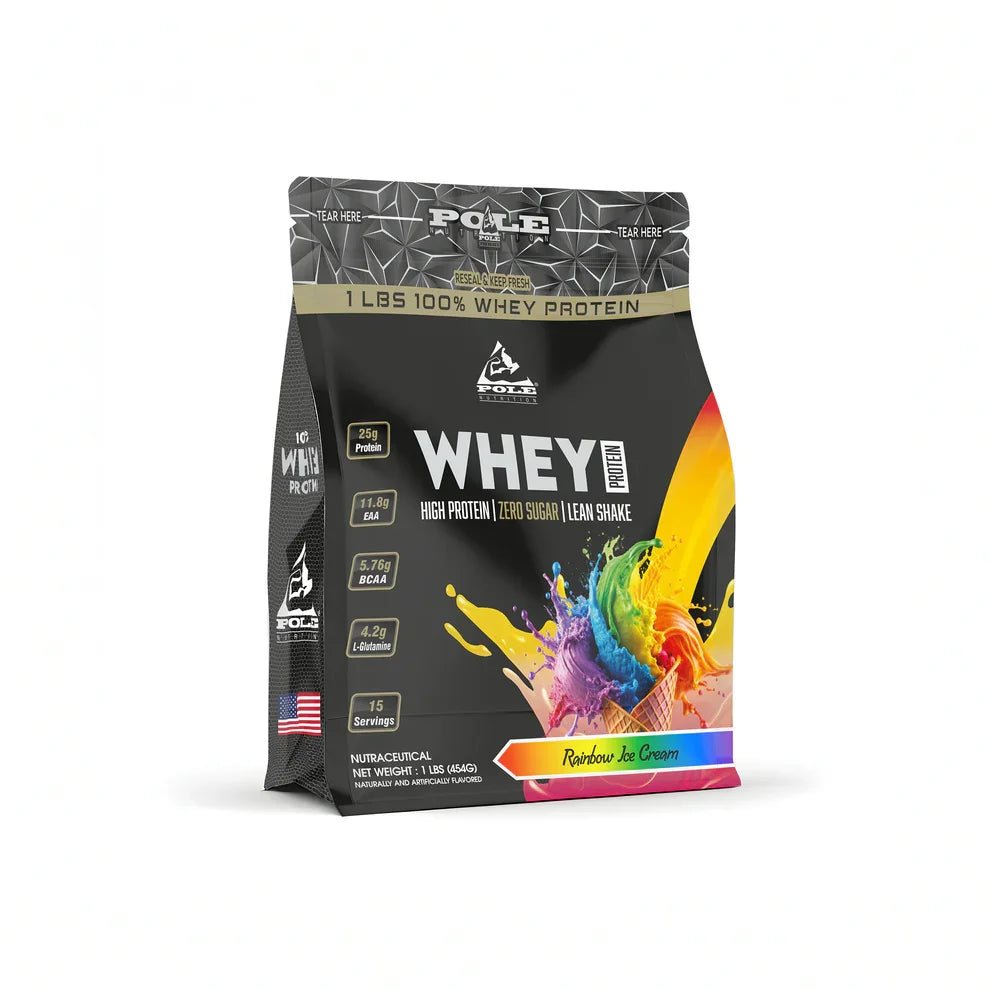 Whey protein package withrainbow ice cream on a white background