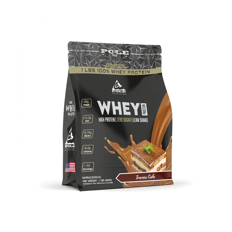 Whey protein package with tiramisu cake flavor on a white background