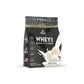 Whey protein package with vanilla ice cream flavor on a white background