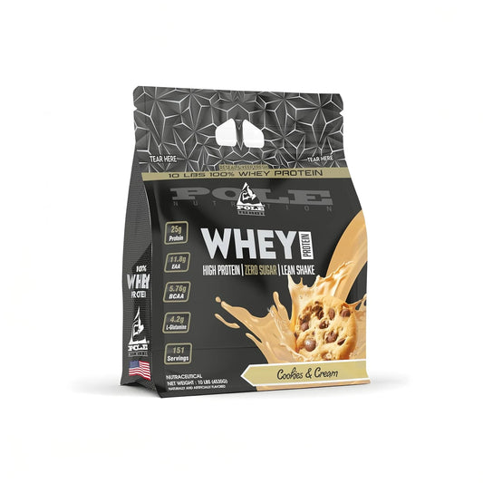pole nutrition whey protein 10 lbs-cookies cream flavour-151 servings-front view-illustration in white background