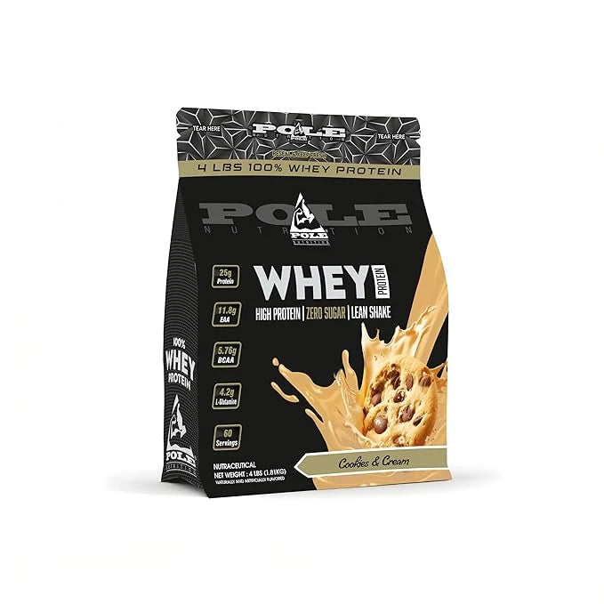 Pole Nutrition 4 lbs whey protein package with cookies cream flavor splash on a white background