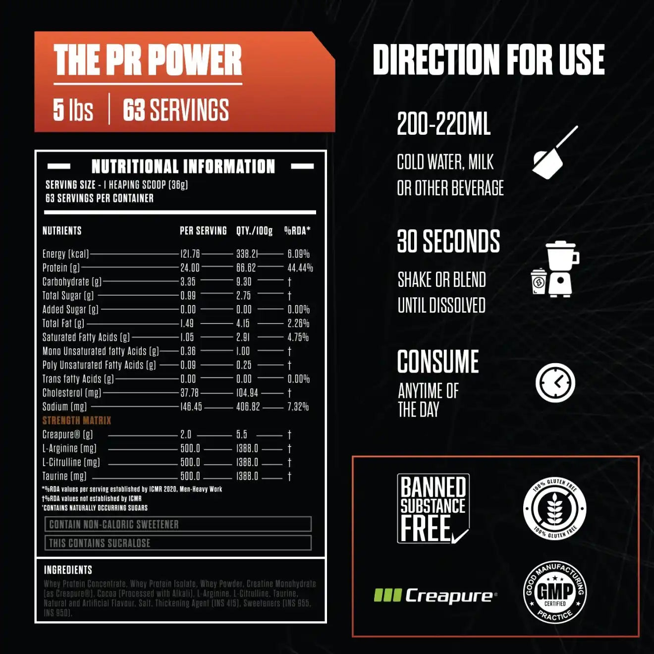 Nutritional information and usage instructions for a supplement product on a black background.