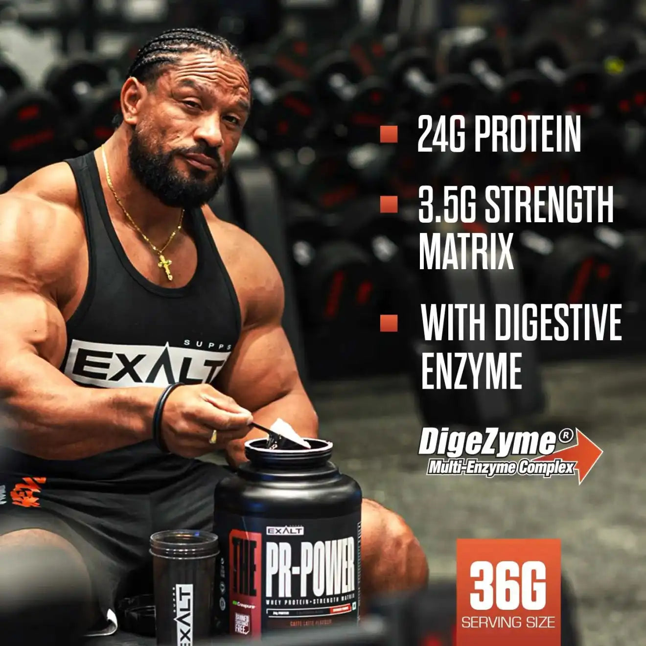 ronny winklar in a gym setting with EXALT PR-POWER supplement container.