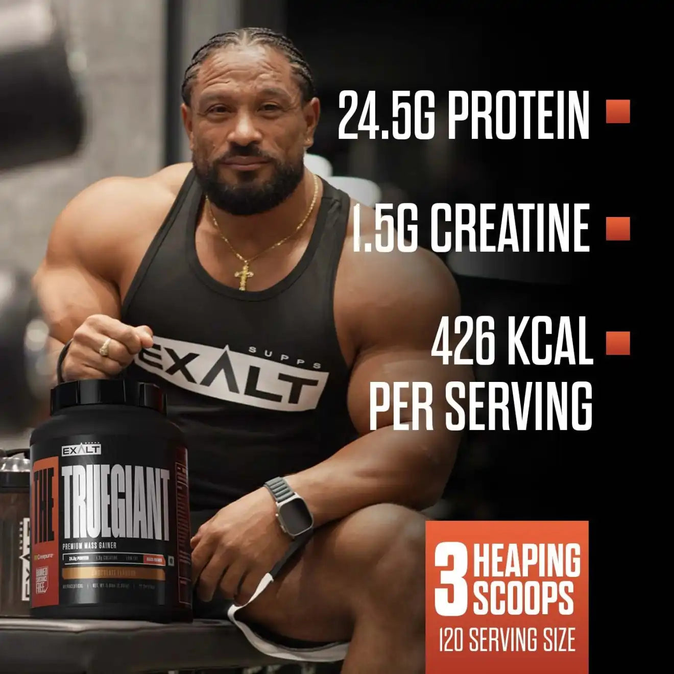 Man holding a protein supplement container with nutritional information displayed.