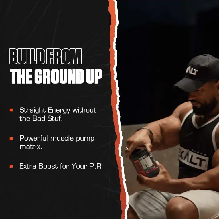 Person holding a supplement container with promotional text on a dark background
