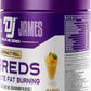 Purple container of DJ James product with a mango shake on the label