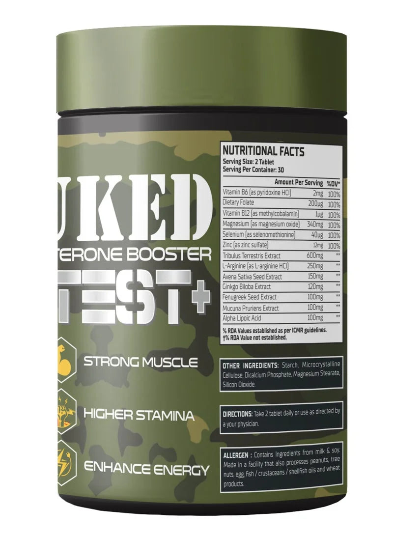 nuked Test+ testosterone booster supplement container with nutritional facts on a white background