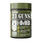 Green supplement container labeled '21 Guns Muscle and Strength HMB' on a white background