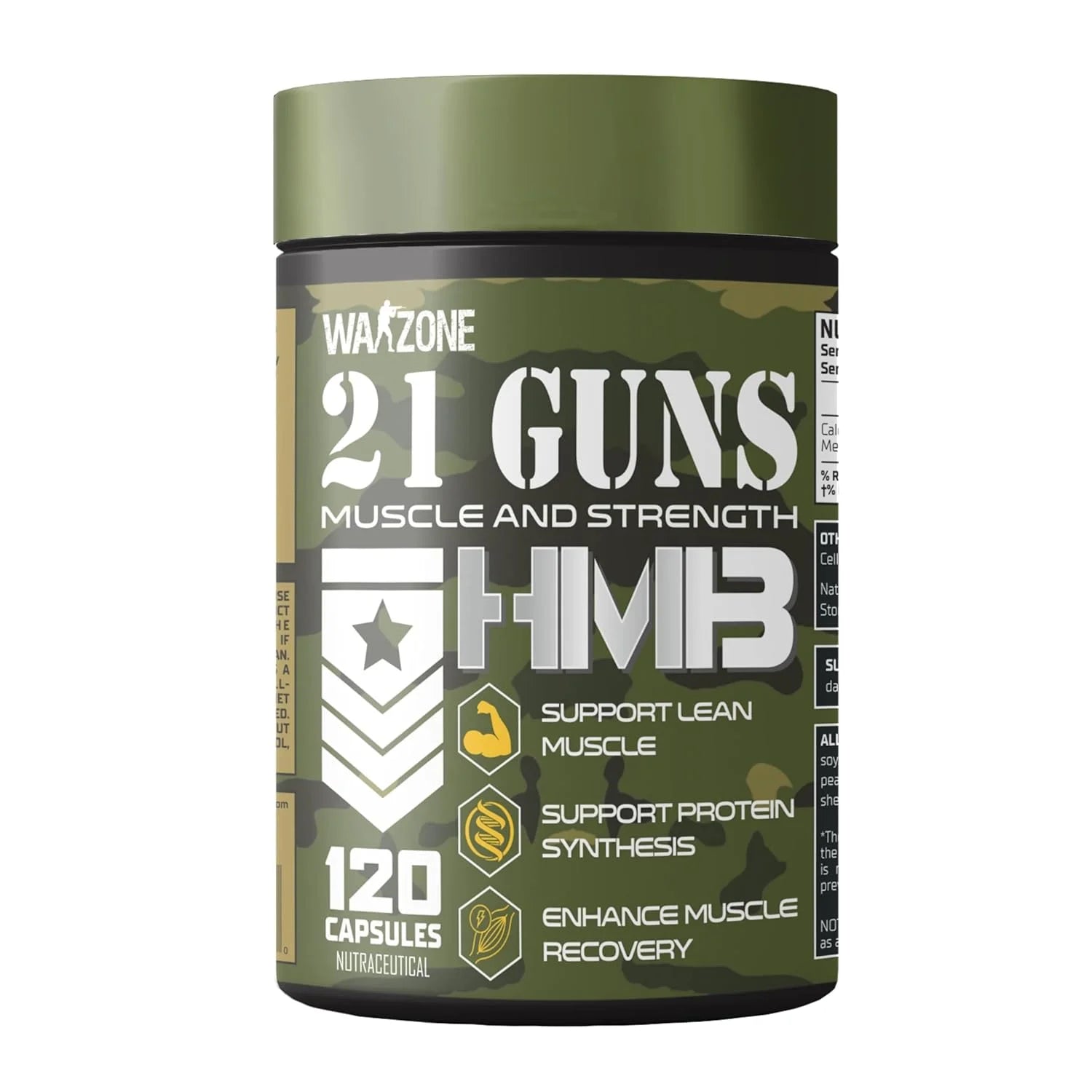 Green supplement container labeled '21 Guns Muscle and Strength HMB' on a white background