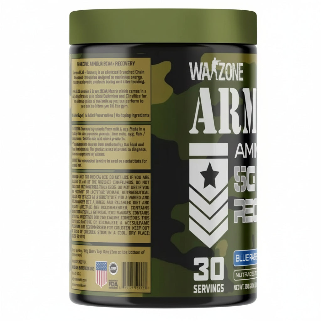 Green supplement container labeled 'Warzone Armour' bcaa on a white background