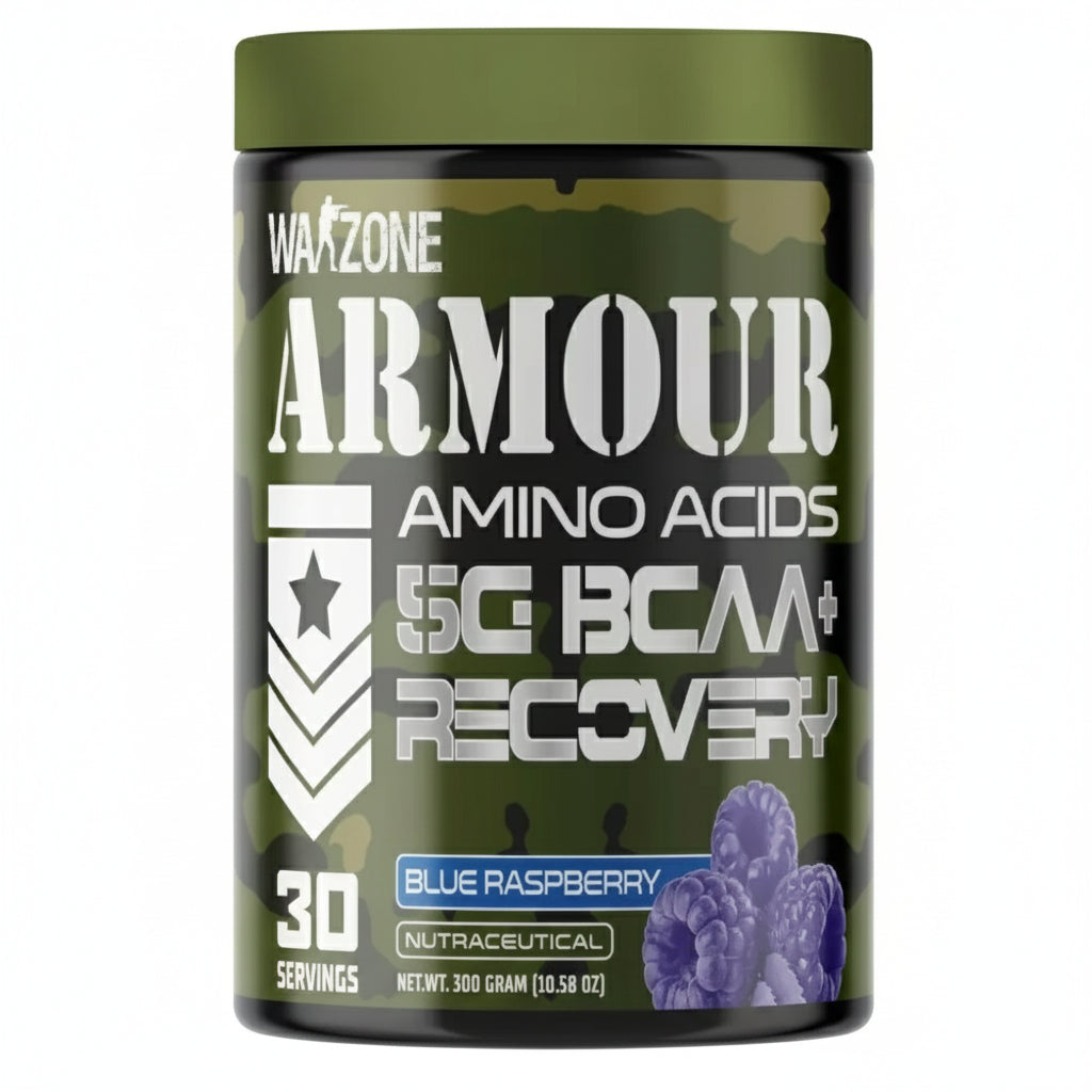 Container of Warzone Armour Amino Acids supplement with green lid and black body.