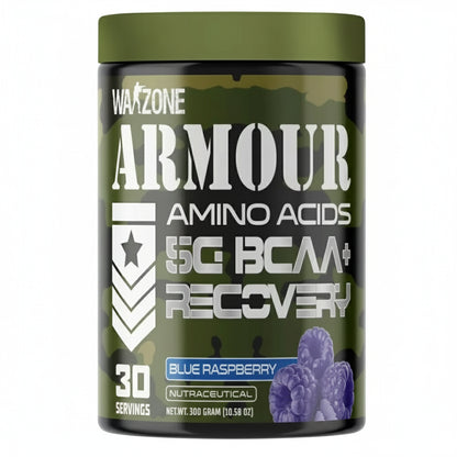Container of Warzone Armour Amino Acids supplement with green lid and black body.