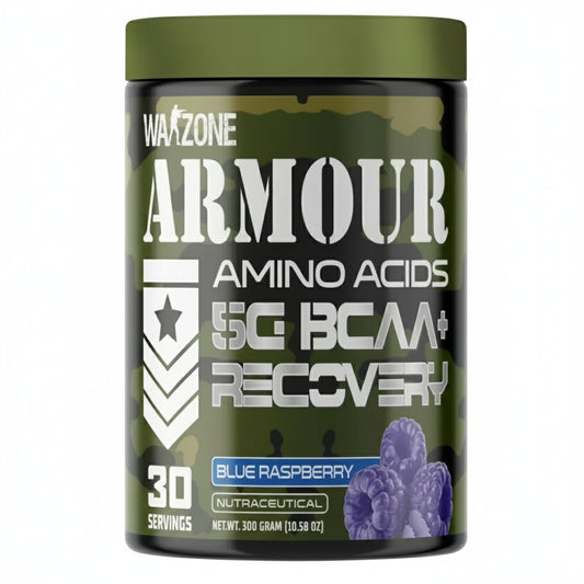 Container of Warzone Armour Amino Acids supplement with green lid and black body.