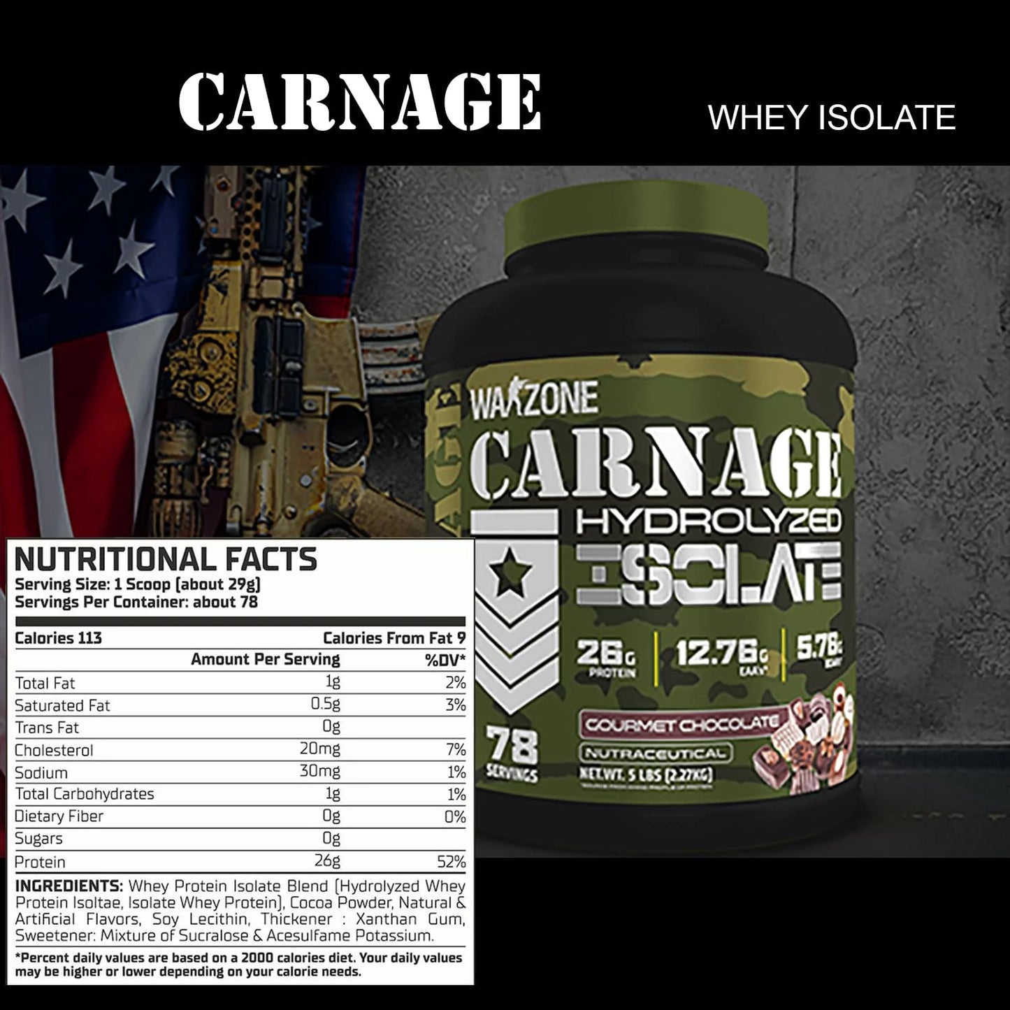 warzone_carnage_hydrolyzed_whey_protein_isolate_5Lbs 2.27kg nutritional facts