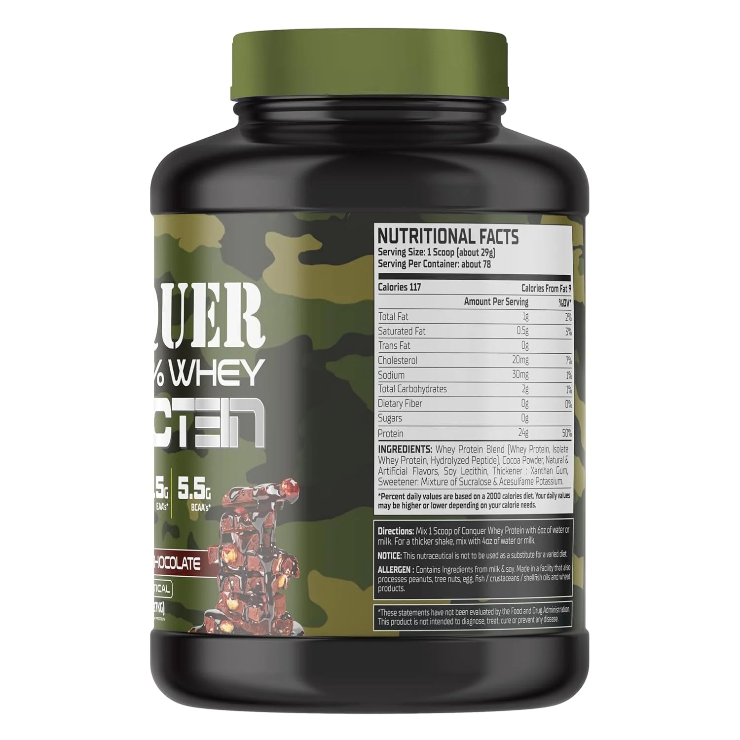 Container of protein powder with a green lid and camouflage design on the label.