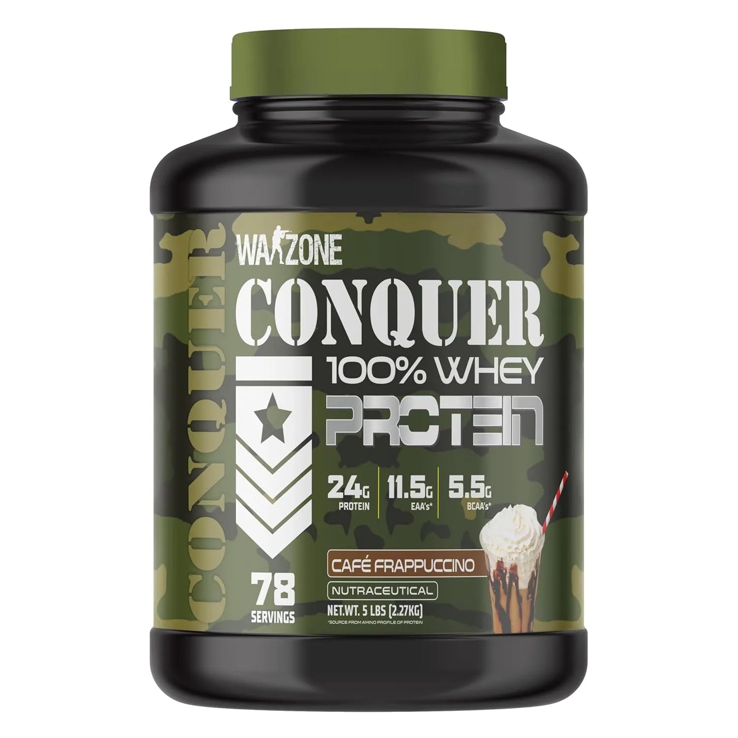 Whey protein supplement container with green lid and camouflage label on a white background