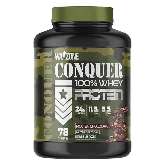 WAAZON Conquer 100% Whey Protein container with green lid on a white background