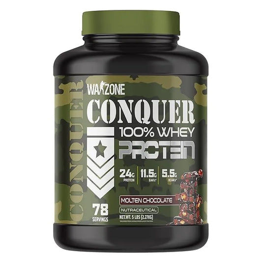 WAAZON Conquer 100% Whey Protein container with green lid on a white background