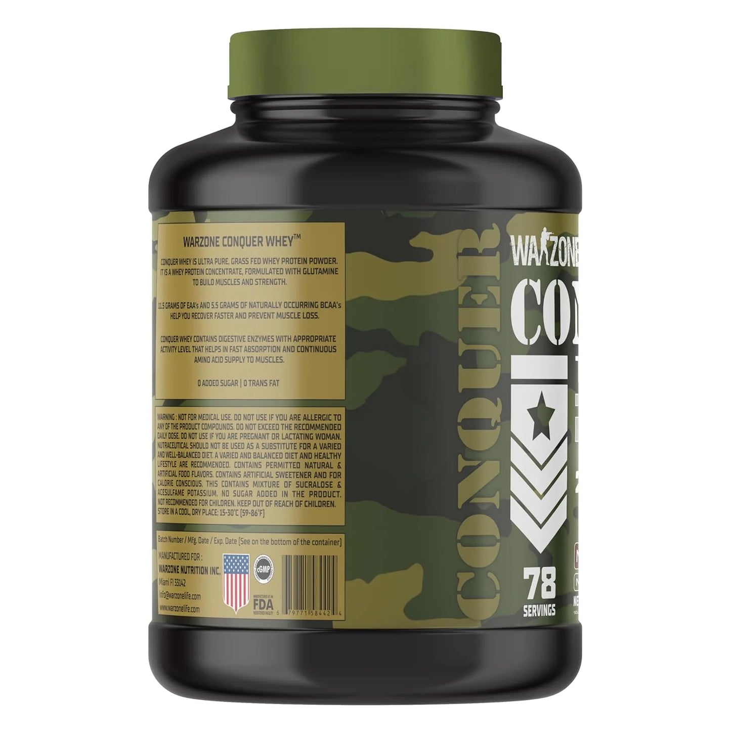 Warrzone Conquer Whey protein powder container with camouflage design on a white background