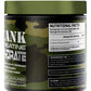 Green and black container of creatine supplement with nutritional facts label