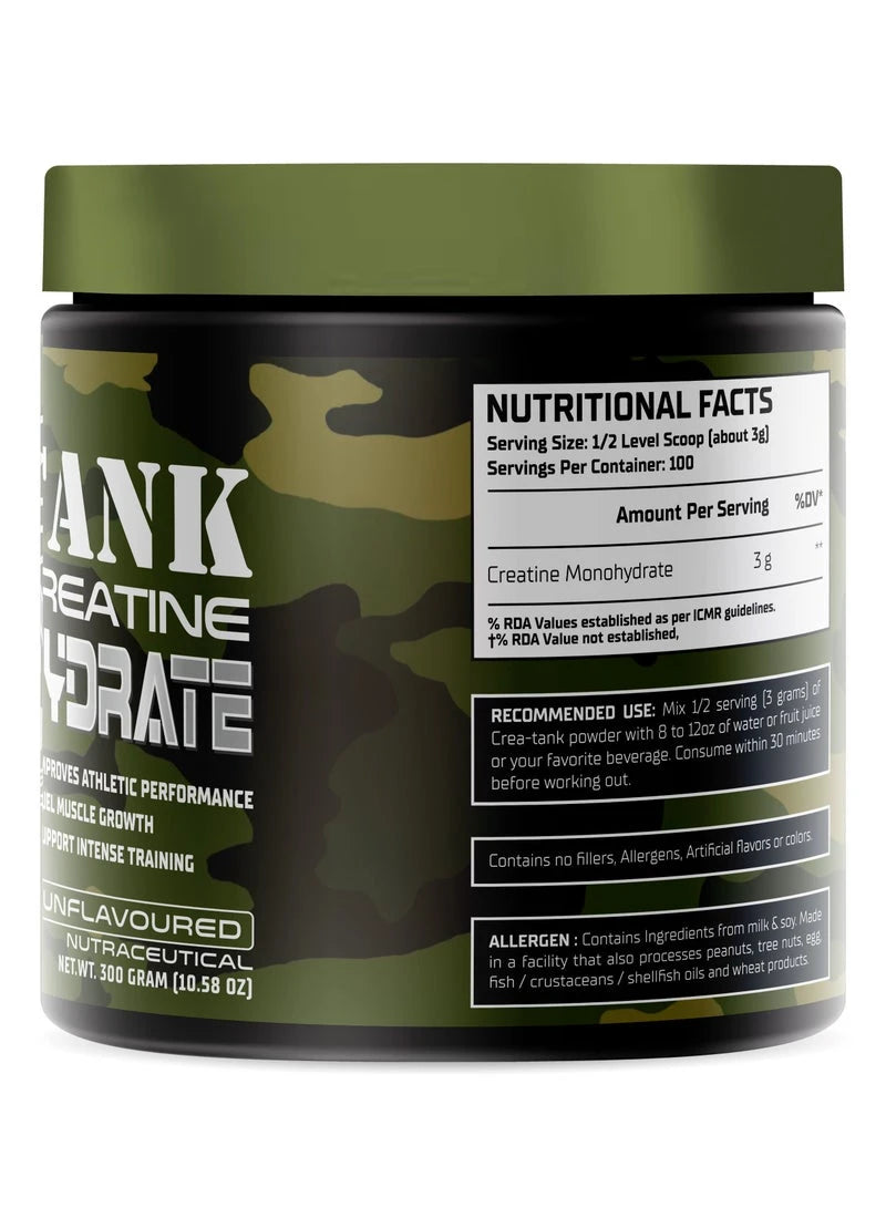 Green and black container of creatine supplement with nutritional facts label